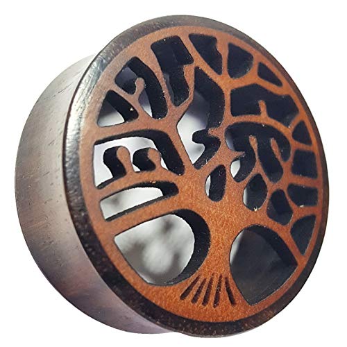 CHICNET Damen Herren Plug Flesh Tunnel Ohr Piercing Dehner aus Sonoholz Holz, filigran, Double-Flared, 2in1, Baum des Lebens Inlay, dunkel rot braun, 10mm bis 30mm 22 mm von CHICNET