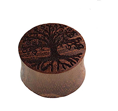 CHICNET Damen Herren Plug Flesh Tunnel Ohr Piercing Expander Dehner aus Teakholz Holz in braun, Baum des Lebens Gravur, Double Flared, 4mm bis 22mm von CHICNET