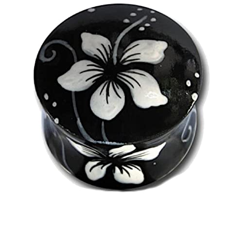 CHICNET Damen Herren Plug Flesh Tunnel Ohr Piercing aus Teakholz, handbemalt mit Hibiskus Hawaii Blume, schwarz weiß, double flared, 6mm bis 25mm von CHICNET