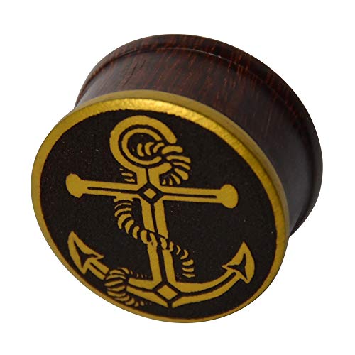 CHICNET Damen Herren Ribbed Plug Piercing Flesh Tunnel aus Tamarinde und Brass Überzug mit Anker mit Seil und Rand in Gold, Straight, 4mm bis 24mm CHICNET Damen Herren Ribbed Plug Piercing Flesh Tunnel aus Tamarinde und Brass Überzug mit Anker mit Seil und Rand in Gold, Straight, 4mm bis 24mm von CHICNET