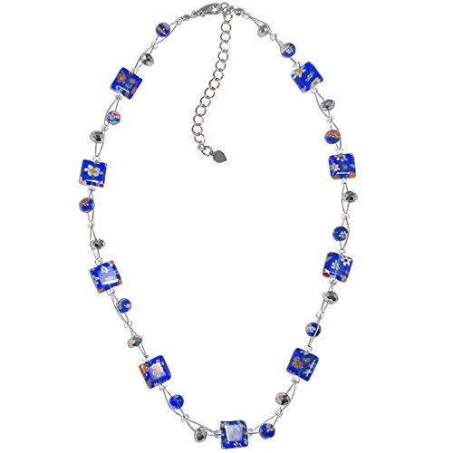 CHICNET Damen Kette Halskette Muranoglas Blumen Rechteck Perlen Glasperlen blau Silber 42-48 cm nickelfrei von CHICNET