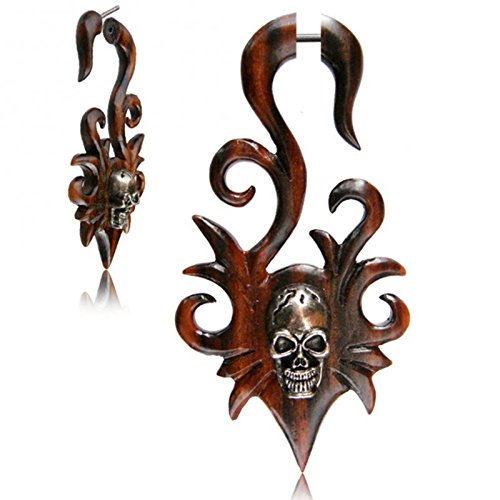 CHICNET Fake Holz Piercing Narra Wood Steel Inlay Totenkopf spiralig Edelstahl Ohrstecker Organic Tribal von CHICNET