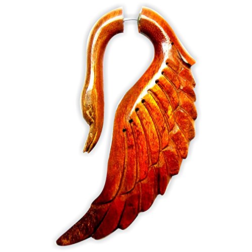 CHICNET Fake Piercing Holz Edelstahl handgeschnitzt groß Ocker dunkel braun Dehner |Herren Damen Lobe Holz Expander Dehnschnecke Spirale Hook |Unisex Ohrstecker Ohrring Ohr Schmuck Schwan braun von CHICNET