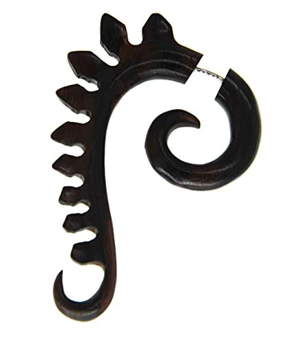 CHICNET Fake Piercing Ohrring Holz Hook Spirale Drachenrücken dunkel braun Dehnschnecke Dehnspirale Tribal Ohr Schmuck Damen Herren von CHICNET
