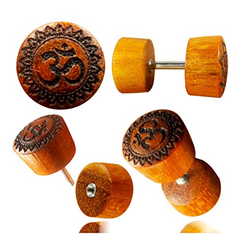 CHICNET Fake Plug Blutholz Symbol Piercing Edelstahl Holz rot braun Om Blume des Lebens Baum Stern Labyrinth Maske Raute Pentagramm | Unisex Holzplugs Damen Herren Lobe Dehner Expander Om-Blume von CHICNET