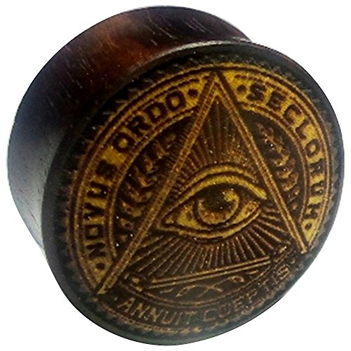 CHICNET Flesh Plug Allsehendes Auge der Vorsehung Holz Sonoholz Jackfrucht Double Flared Tunnel Expander Dehner |Lobe Piercing Damen Herren braun hell dunkel |Novus Ordo Seclorum Annuit Coeptis 25 mm von CHICNET