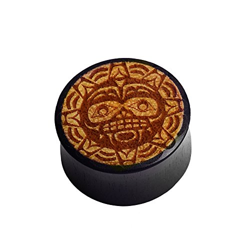 CHICNET Flesh Plug Krieger Maske Sonne Gravur Holz dunkel Jackfrucht Ocker Double Flared | Unisex Lobe Piercing Damen Herren Kämpfer | braun hell Organic Ohrring Ohrstecker Dehner Expander 18 mm von CHICNET