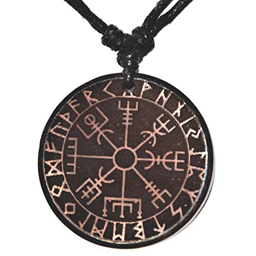 CHICNET Halskette Damen Herren Kette Holzkette Halsschmuck mit 37mm Holz Anhänger braun rund, Baumwoll Kordel schwarz verstellbar, Vegvisir Wikinger Kompass Viking Celtic keltisch Nordic nordisch von CHICNET