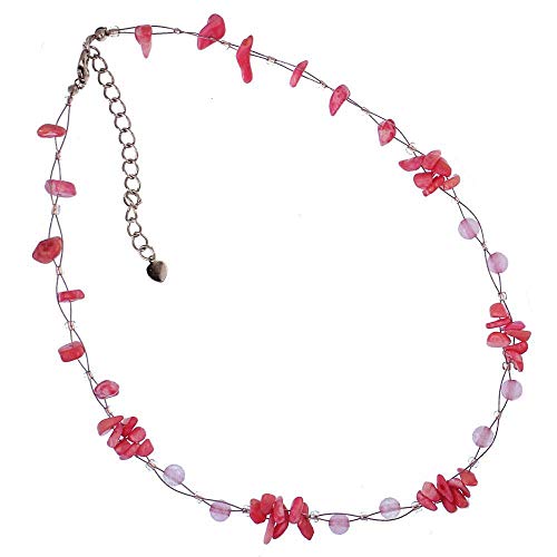 CHICNET Halskette Damen Kette Hals Schmuck aus Schmuckdraht Perlen Stein Splitter Bündel rosa Rosenquarz Perlenkette Karabiner nickelfrei verstellbar 42-48cm von CHICNET