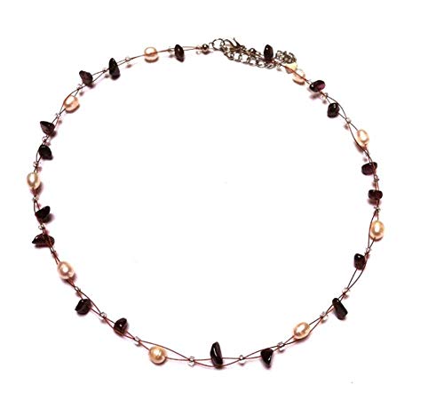 CHICNET Halskette Damen Kette aus Edelstahl Schmuckdraht Kupfer Farben, weißen Perlen Zuchtperlen, Glasperlen, Stein Splitter in Rubin rot, Hals Schmuck 42-48cm verstellbar mit Karabiner von CHICNET