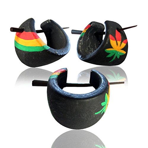 CHICNET Hanf Reggae Holzcreolen rot gelb grün Pin-Ohrringe Pin-Creolen Holz Horn Pin schwarz 16 mm von CHICNET