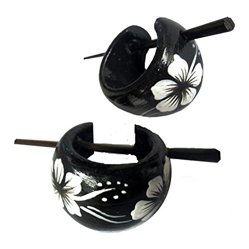 CHICNET Hawaii Blumen Holzcreolen Pin-Ohrringe Pin-Creolen Holz Horn Pin schwarz weiß handbemalt 16 mm von CHICNET