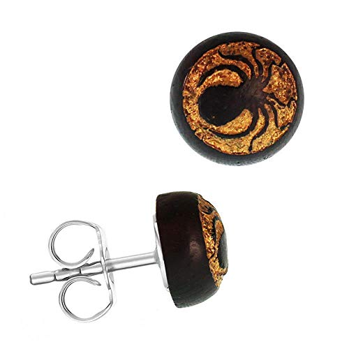 CHICNET Holz Ohrstecker Edelstahl Sonoholz rund 8mm Lasergravur Gold Motive Unisex Damen Herren Celtic keltisch Nordic nordisch Viking Maori Azteken Symbole Krieger Om Spinne Schneeflocke von CHICNET