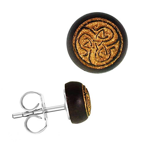 CHICNET Holz Ohrstecker Edelstahl Sonoholz rund 8mm Lasergravur Gold Motive Unisex Damen Herren Celtic keltisch Nordic nordisch Viking Maori Azteken Symbole Krieger Om Spinne Schneeflocke von CHICNET