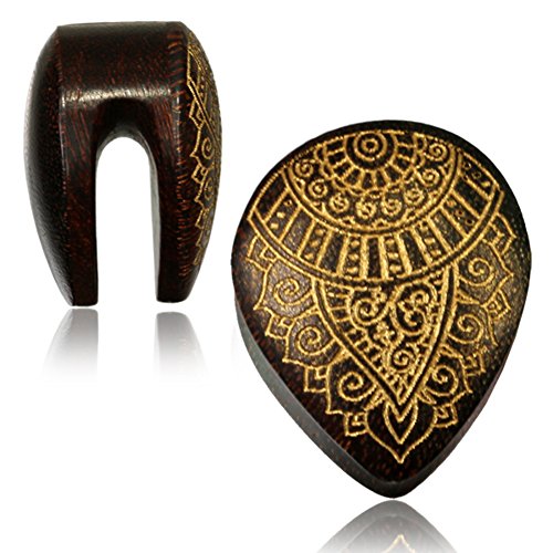 CHICNET Holzplug Träne Ornament golden Tropfen Lobe Piercing Holz Plug Tamarinde | Unisex Plugs Männer Frauen | Holzplug in Handarbeit zum Einhängen | Damen Herren Earplug orientalisch 12 mm von CHICNET