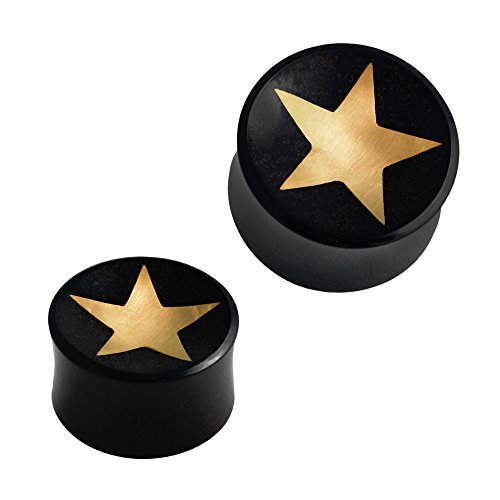 CHICNET Horn Plug Stern Inlay metallic Gold schwarz Expander Handarbeit Flesh Tunnel | Double Flared konkav Earplug Ohrring Dehner | Unisex Ohrplug Männer Frauen Lobe Piercing Star 10 mm von CHICNET