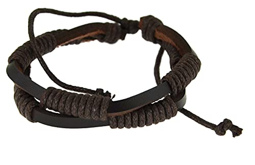 CHICNET Leder Armband zweilagig verstellbar umwickelt Schnur braun dunkel flach Herren Frauen Arm Schmuck Lederarmbänder Unisex Lederarmband Dunkelbraun von CHICNET