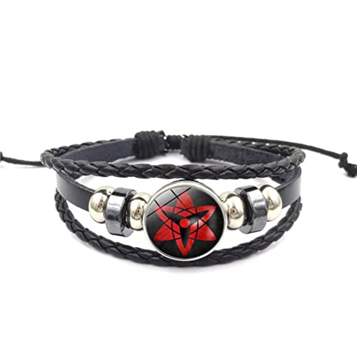 CHICNET Manga Anime Sharingan Auge Leder Armband schwarz silber grau verstellbar Perlen Edelstahl Zink geflochten Band Click Button Scheibe Männer Frauen Arm Schmuck Sasuke von CHICNET