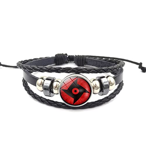 CHICNET Manga Anime Sharingan Auge Leder Armband schwarz silber grau verstellbar Perlen Edelstahl Zink geflochten Band Click Button Scheibe Männer Frauen Arm Schmuck Shisui von CHICNET