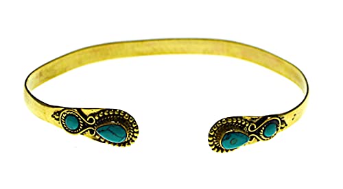 CHICNET Messing Armreif golden Türkis Steine Tropfen Kreis offen Armspange antik gold Tribal Schmuck 5mm breit schmal Damen Herren Arm Schmuck verstellbar von CHICNET