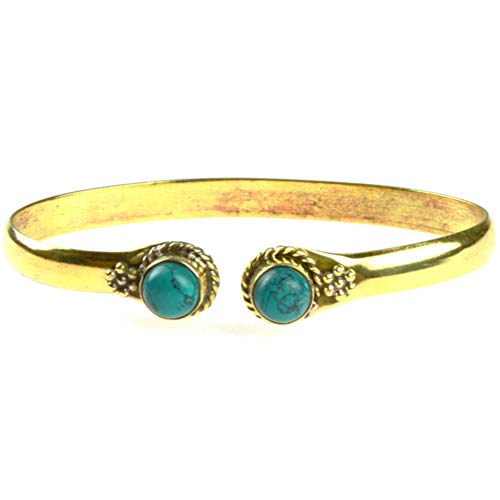 CHICNET Messing Brass Armreif golden Türkis rund Blume Zopfrand nickelfrei verstellbar antik Tribal Schmuck von CHICNET