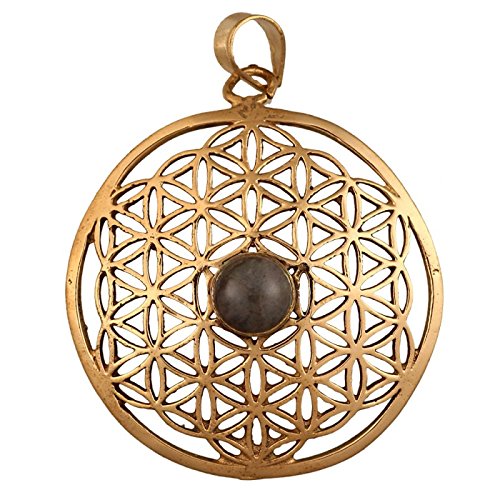 CHICNET Messing Brass Tribal Anhänger Blume des Lebens Labradorith Stein antik golden Kette Damen von CHICNET
