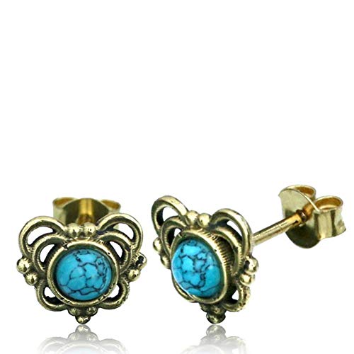 CHICNET Messing Stein Türkis Onyx Ohrstecker antik golden Punkte Bögen Ohr Schmuck Damen Brass Tribal Gold schwarz Steinohrstecker Ohrringe 1mm Stabdicke Türkis Dreieck von CHICNET