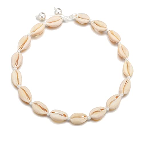 CHICNET Muschelhalskette Cowrie Shell Kauri Muschel Choker Halskette Wakiki Hawaii Beach Gypsy Surfer Kette Hals Schmuck Frauen Mädchen Männer Herren Baumwollfaden weiß schwarz 42cm weiß von CHICNET