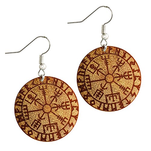 CHICNET Ohrringe Jackfrucht Holz rund Edelstahl Silber Bügel braune Gravur Om Blume Baum des Lebens leichte Ohrhänger Organic Tribal Ohrschmuck Celtic Viking Wikinger Nordic Vegvisir Energie von CHICNET