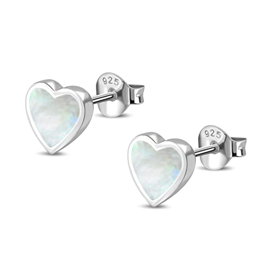 CHICNET Ohrstecker 925 Sterling Silber Herz Stein Muschel Perlmutt Abalone Onyx Malachit Lapis Lazuli eingefasst Damen Herren Ohrringe Herzchen grün blau schwarz bunt weiß Perlmutt von CHICNET