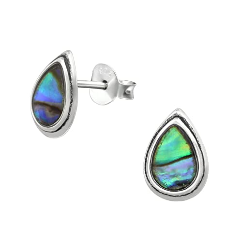 CHICNET Ohrstecker 925 Sterling Silber Muschel bunt Tropfen Träne E-Coat Epoxid Paua Abalone Design Damen Herren Ohrringe 10mm Ohr Schmuck anlaufsicher Perlmutt leichte Stecker von CHICNET