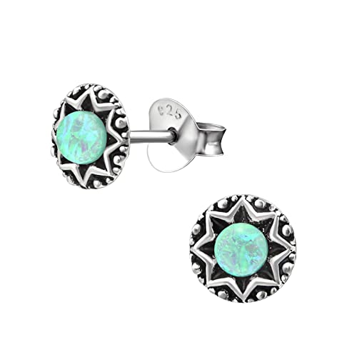 CHICNET Ohrstecker 925 Sterling Silber Opal Stein E-Coat oxidierter Stern Rand Punkte Damen Herren Ohrringe 6mm Ohr Schmuck anlaufsicher weiß mint mint von CHICNET