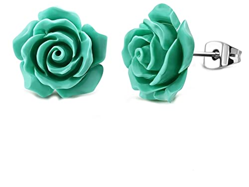 CHICNET Ohrstecker Edelstahl Resin Rose Blume türkis grün gelb Damen Ohrringe Chirurgenstahl Ohr Schmuck groß auffallend 3D türkis von CHICNET