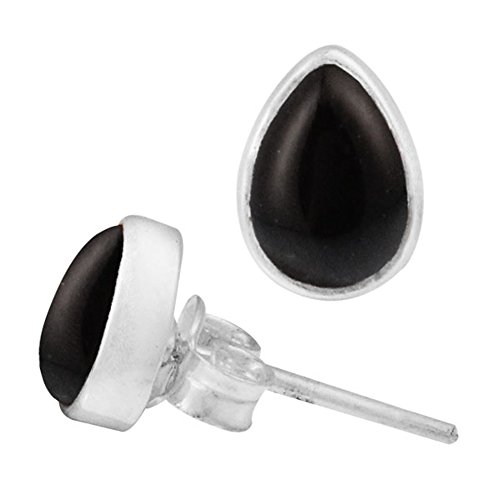 CHICNET Ohrstecker Onyx schwarz Tropfen 8 mm 925er Sterling Silber Rand Stein Silberohrstecker von CHICNET