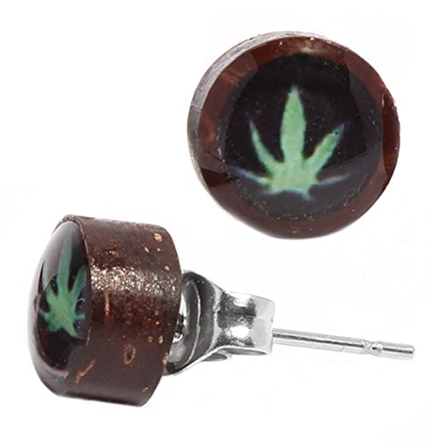CHICNET Ohrstecker Unisex 8 mm Kokosnuss Holz Edelstahl Hanfblatt Resin Inlay rund schwarz grün | Lobe Piercing Damen Herren Ohr Schmuck Handarbeit Chirurgenstahl |Geschenk Ohrringe braun von CHICNET