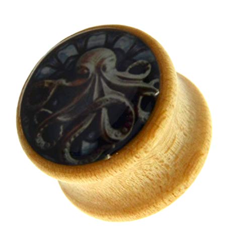 CHICNET Oktopus Krake Bild Plug aus Holz hell beige, rundes Inlay, Double Flared, Flesh Tunnel Lobe Tubes für Damen Herren, 6mm - 16mm 14 mm von CHICNET