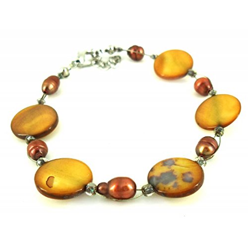 CHICNET Perlmutt Armband Ocker Perlen Scheiben Damen Karabinerverschluss nickelfrei 18cm-20cm von CHICNET