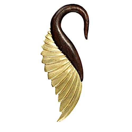 CHICNET Piercing Hook Schwan, Handmade Dehnspirale Ohrgewicht Dehnschnecke aus Narraholz braun und Messing Brass Federn Flügel antik Gold 75mm, für 4mm oder 6mm Dehnung für Männer und Frauen 04 mm von CHICNET