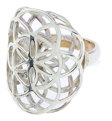 CHICNET Ringe Blume des Lebens doppelt White Brass versilbert Silber Tribal Schmuck | Ring Messing breit groß Frauen Männer | Fingerringe Damen Herren Lebensblume Flower of Life von CHICNET