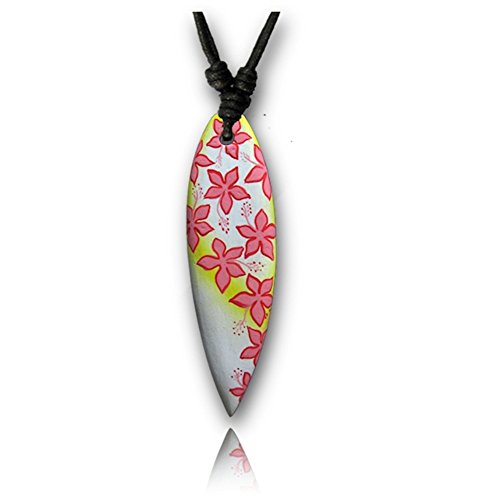 CHICNET Surferkette Baumwolle Holz Surfbrett Halskette verstellbar handbemalt Kette | Tribal Wellen Stern Hibiskus Blüten | handgeschnitzt Beach Strand Damen Herren Hals Schmuck Blüten von CHICNET