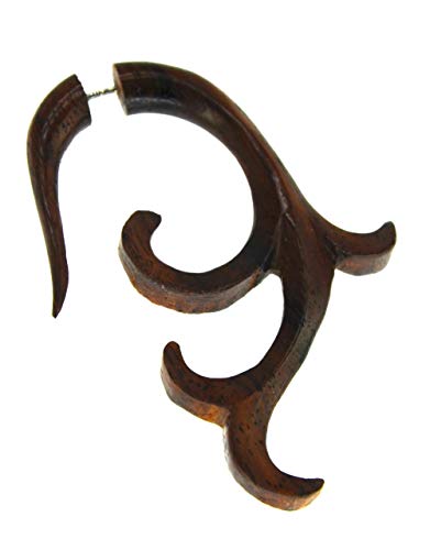 CHICNET Tribal Fake Piercing Schnörkel 63 x 42mm Sonoholz Holz dunkel braun Edelstahl Stift 1mm, Ohrstecker Ohrring Damen Herren Ohr Dehnscnhecke Hook Expander Dehnspirale von CHICNET