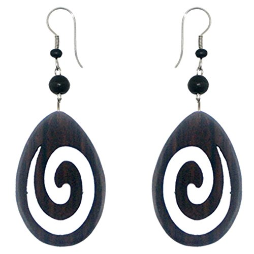 CHICNET Tribal Ohrringe aus Sono Holz, tropfenförmige Spirale, Edelstahlbügel, Ohrstecker, Ohrhänger von CHICNET