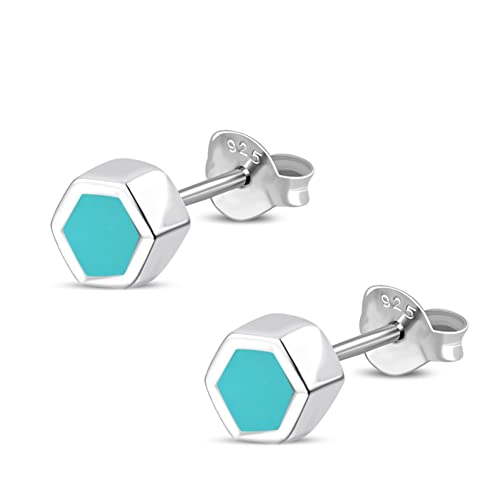 CHICNET mini Ohrstecker 925 Sterling Silber Stein Hexagon Onyx Türkis Paua Abalone Perlmutt Muschel Damen Herren kleine leichte Ohrringe Ohr Schmuck Wabe Sechseck 3mm Türkis von CHICNET