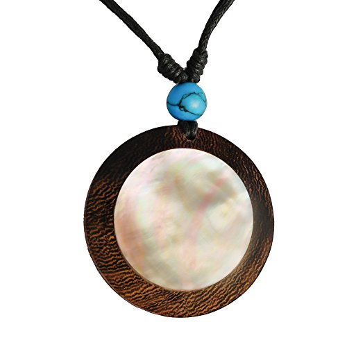 Chic-Net® Holzkette Perlmutt verstellbar Baumwolle Black Shell Muschel Kette Holz rund | Mother of Pearl Halskette Unisex für Herren Damen | Parasitholz Perlmutt von CHICNET