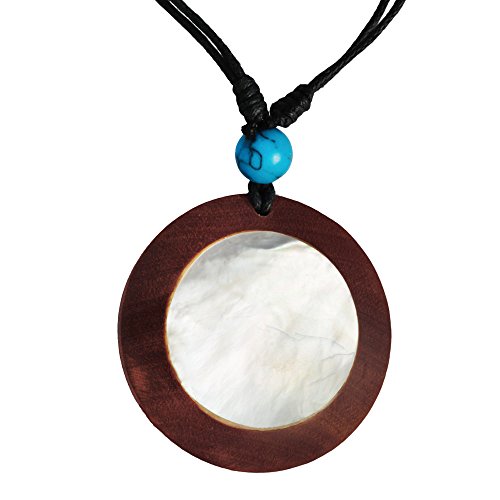 Chic-Net® Holzkette Perlmutt verstellbar Baumwolle Black Shell Muschel Kette Holz rund | Mother of Pearl Halskette Unisex für Herren Damen | Sawoholz Perlmutt von CHICNET
