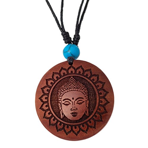 Chic-Net® Holzkette rund verstellbar Baumwolle Om Buddha Maske golden silbern Natur Silber Gold bemalt Unisex Damen Herren Frauen Männer Anhänger Kette Halskette Hals Schmuck Türkis Stein Blume Sonne von CHICNET