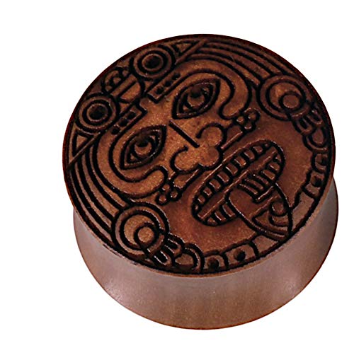 CHICNET Damen Herren Flesh Holz Plug Lobe Piercing aus Sawoholz in braun mit Krieger Gesicht Gravur, Double Flared von CHICNET