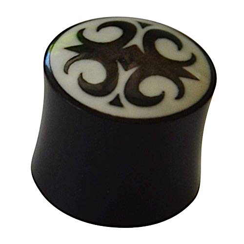 Chic-Net Damen Herren Flesh Plug Lobe Piercing aus Horn mit Bone Inlay in schwarz weiß, Double Flared, Kreuz und Auge Motiv 10 mm von CHICNET
