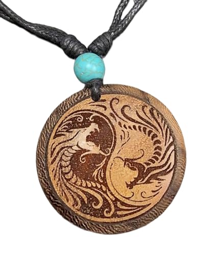 Chic-Net Damen Herren Holzkette mit Türkis Stein Baumwolle Holz Anhänger in rund mit Fische oder Drachen Yin Yang Motiv Drachen von CHICNET