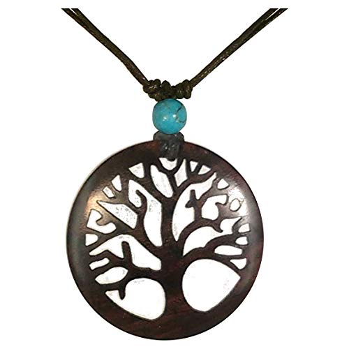 CHICNET Damen Herren Holzkette mit Türkis Stein Baumwolle Holz Anhänger in rund rotbraun - verstellbar - mit Motiv Baum des Lebens von CHICNET